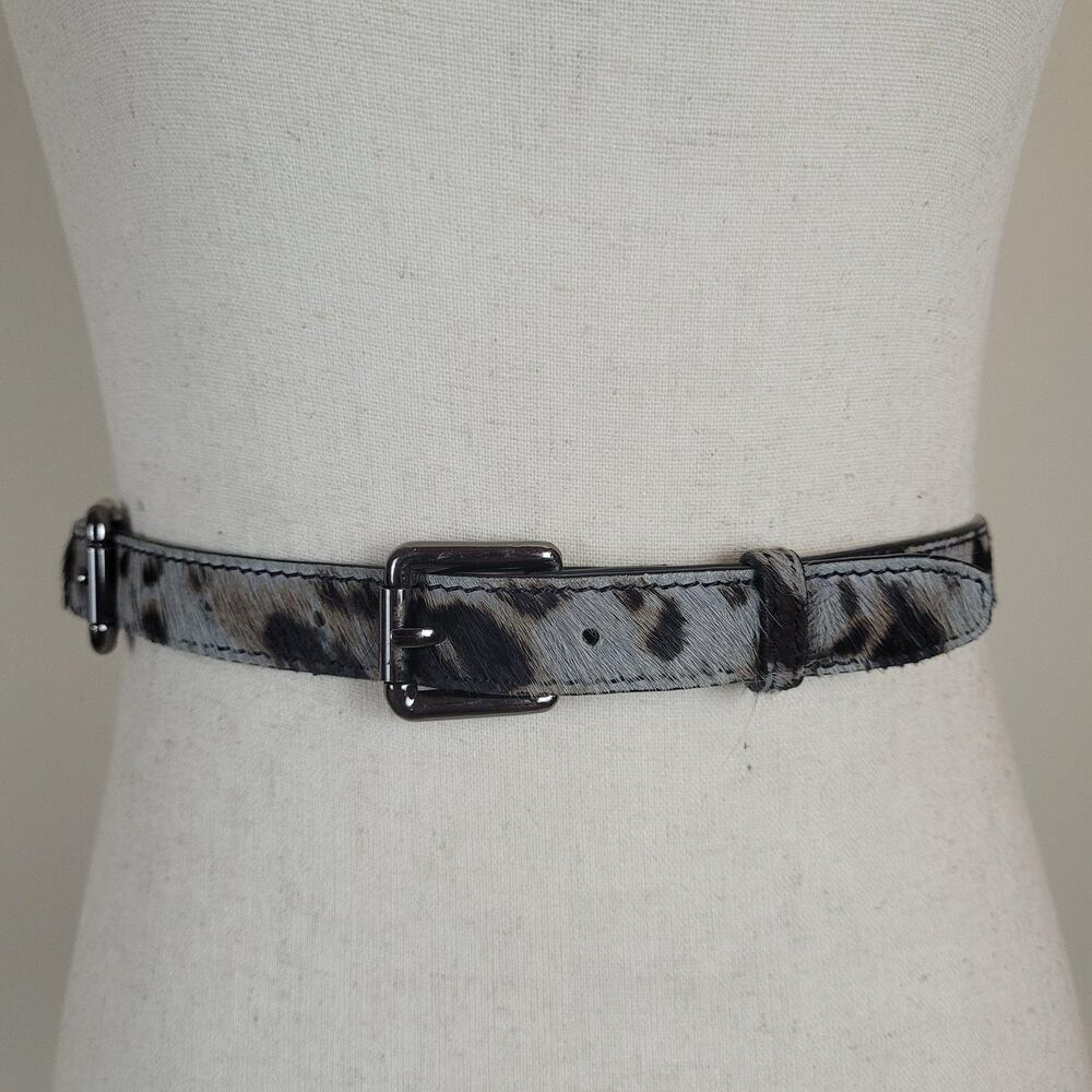 Gray Leather Belt Small Animal Print Haircalf Boho Chic Statement Buckles Luxe